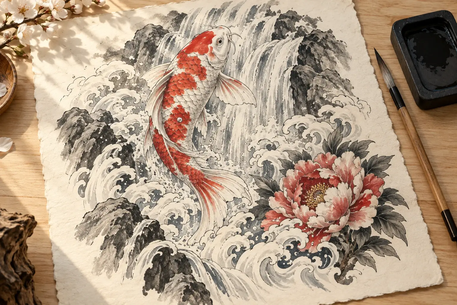 Ein Zeichenblatt mit einem rot-weißen Koi vor einem Wasserfall in Grautönen, umgeben von Felsen, Wellen und einer rot-weißen Pfingstrose; daneben ein Pinsel und ein Tuschestein.