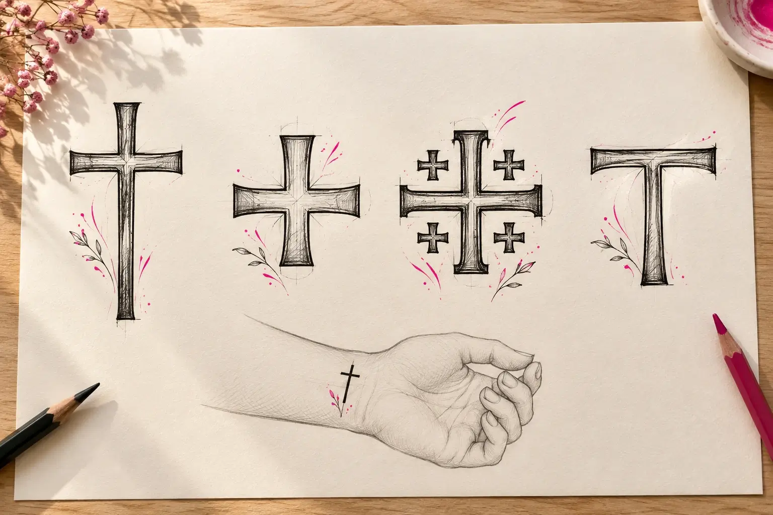 Ein Zeichenblatt mit vier Kreuzformen – lateinisches Kreuz, griechisches Kreuz, Jerusalemkreuz und T-Kreuz – und darunter die Skizze einer Hand mit einem kleinen Kreuz am Handgelenk; daneben zwei Stifte.