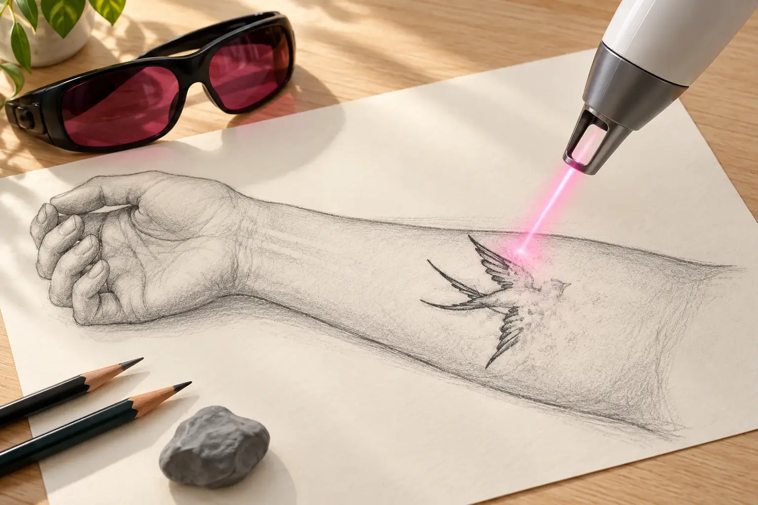 Eine Bleistiftzeichnung eines Unterarms mit einer teilweise verblassten Schwalbe, darauf gerichtet ein stilisiertes Laser-Handstück mit pinkem Lichtstrahl; daneben eine Schutzbrille mit pinken Gläsern, zwei Bleistifte und ein Radiergummi.