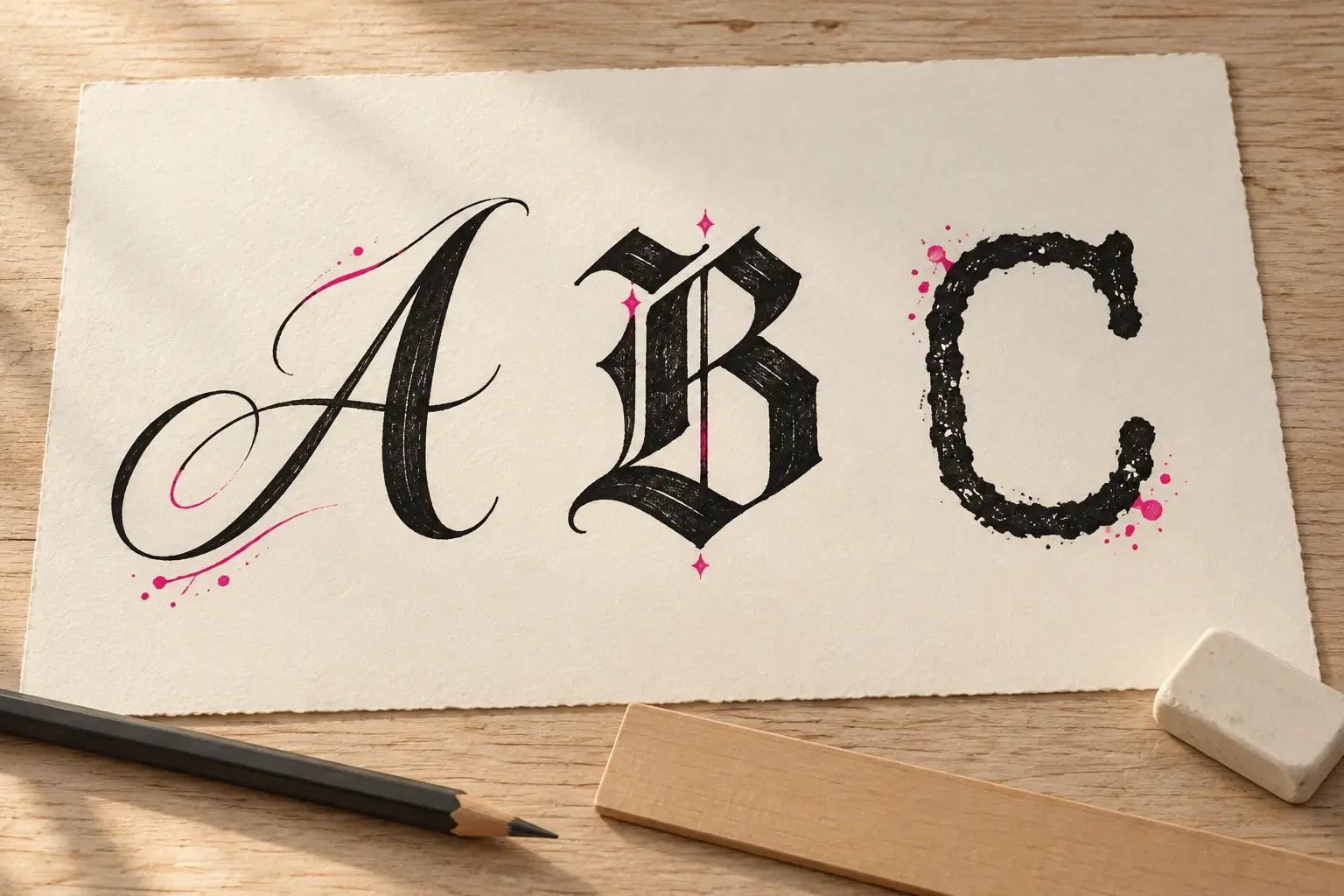 Ein Zeichenblatt mit den Buchstaben A, B und C in drei Schriftstilen: geschwungene Schreibschrift, gebrochene Schrift und ein rau gestempeltes C mit pinken Farbspritzern; davor Bleistift, Lineal und Radiergummi.