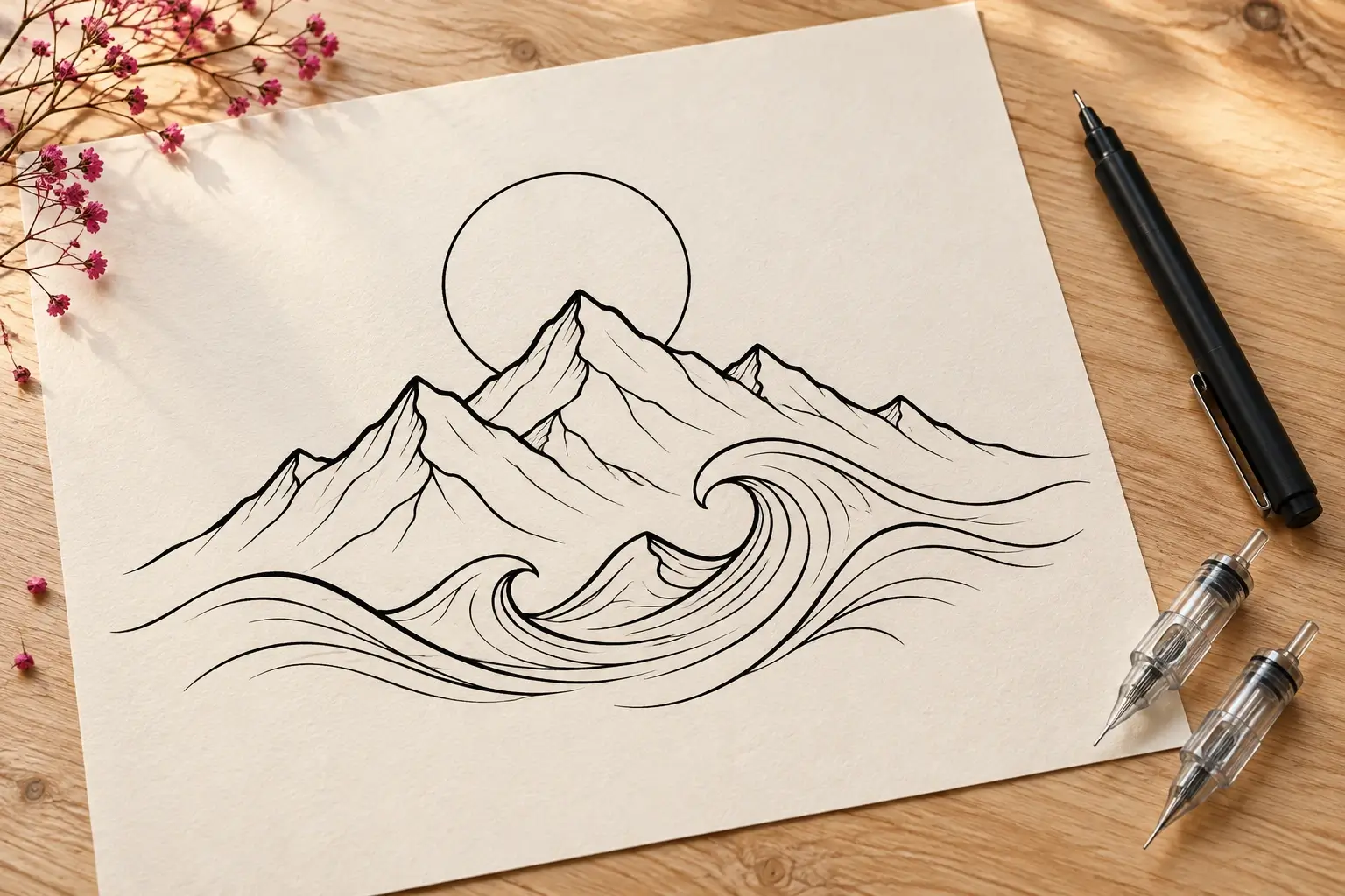 Ein Zeichenblatt mit einem Motiv aus klaren schwarzen Linien ohne Schattierung: Berge vor einer Sonne und geschwungene Wellen; daneben ein schwarzer Stift und zwei Tattoo-Nadelmodule.