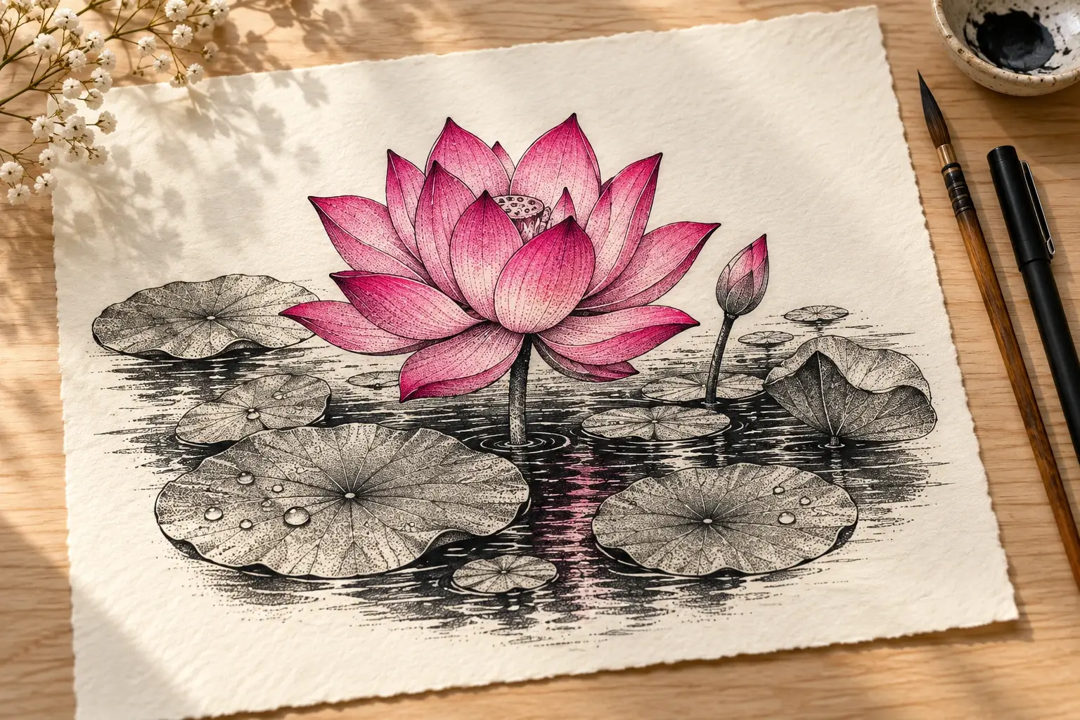Ein Zeichenblatt mit einer geöffneten pinken Lotusblüte und einer geschlossenen Knospe über dunklem Wasser, umgeben von runden Lotusblättern mit Wassertropfen; daneben Pinsel, Stift und ein Tuschenäpfchen.