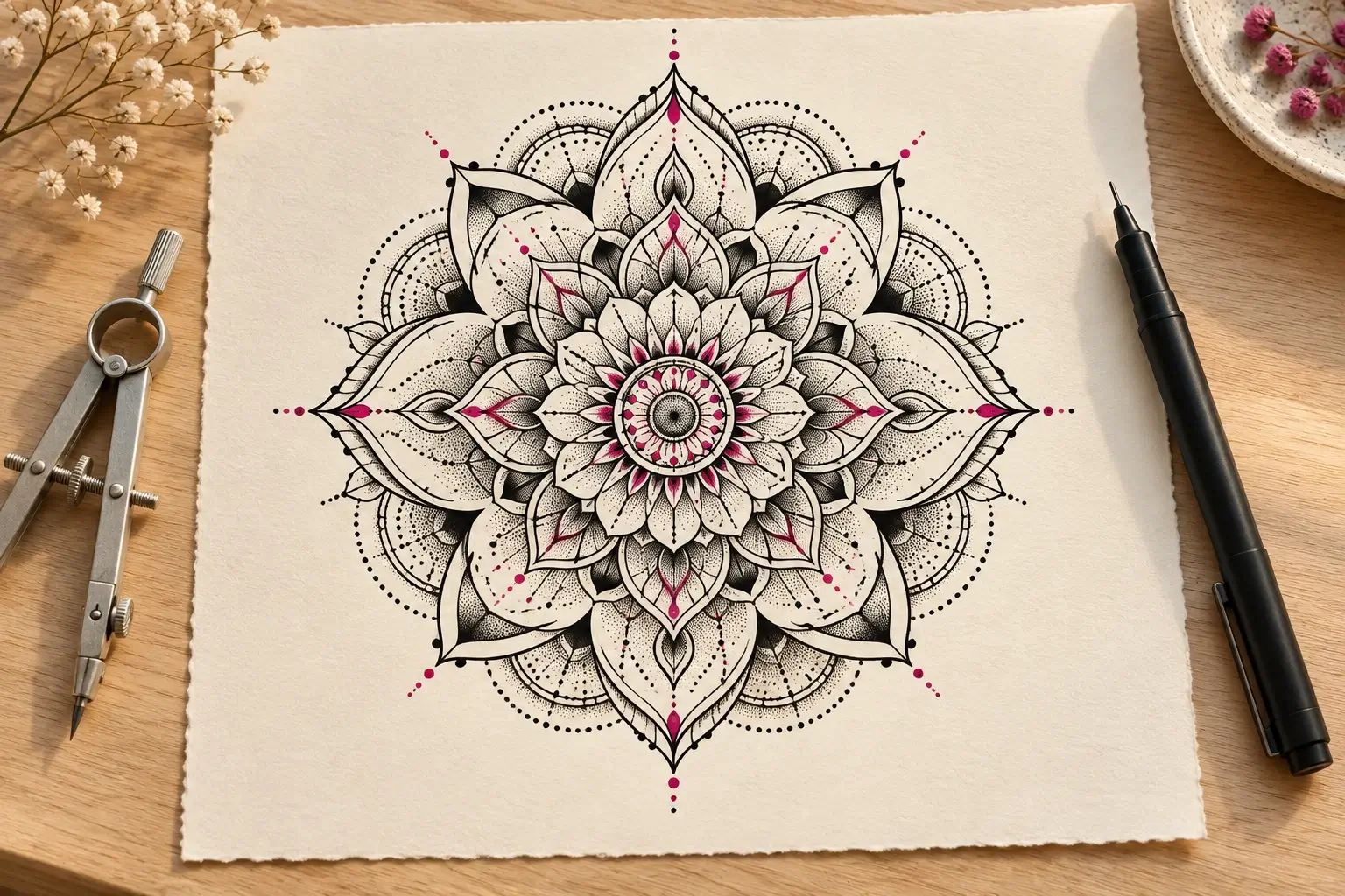 Ein Zeichenblatt mit einem symmetrischen Mandala aus Kreisen und spitzen Blütenblättern in Schwarz, mit Punktschattierung und pinken Akzenten; daneben ein Zirkel und ein Fineliner.