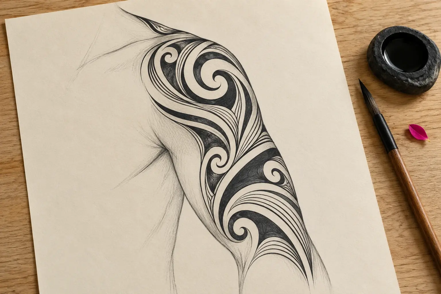 Eine Bleistift- und Tuschezeichnung von Schulter und Oberarm mit einem frei gestalteten Kirituhi-Entwurf aus schwungvollen schwarzen Bändern, offenen Spiralen und feinen Parallellinien; daneben ein Pinsel und ein Tuschestein.