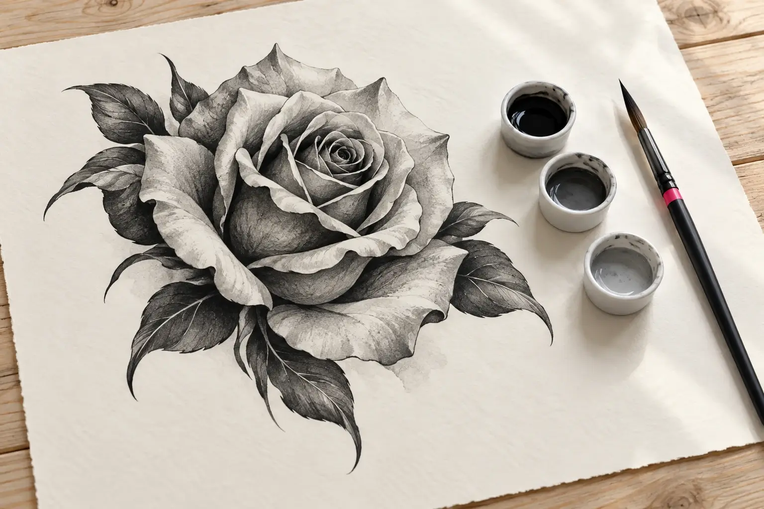 Ein Zeichenblatt mit einer großen Rose samt Blättern in Schwarz und weichen Grauabstufungen; daneben drei kleine Farbnäpfchen von Schwarz bis Hellgrau und ein Pinsel.