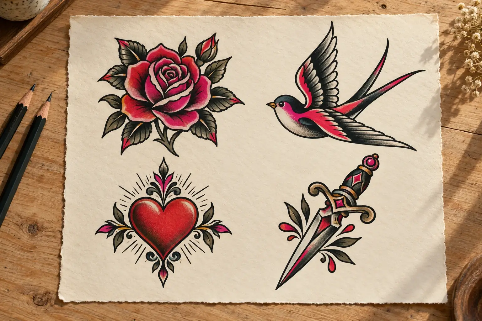 Ein Skizzenblatt im Flash-Stil mit vier Motiv-Entwürfen: Rose, Schwalbe, Herz und Dolch, mit kräftigen schwarzen Konturen und roten und pinken Flächen; daneben zwei Bleistifte.