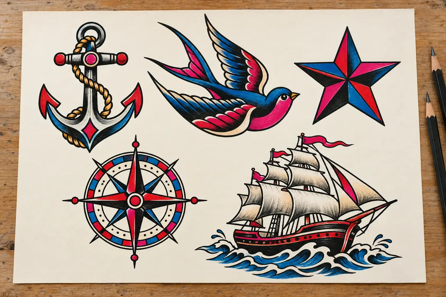 Ein Skizzenblatt im Old-School-Stil mit nautischen Motiven: Anker mit Tau, Schwalbe, Seemannsstern, Kompassrose und Segelschiff auf Wellen, mit schwarzen Konturen und roten, pinken und blauen Flächen; daneben zwei Bleistifte.