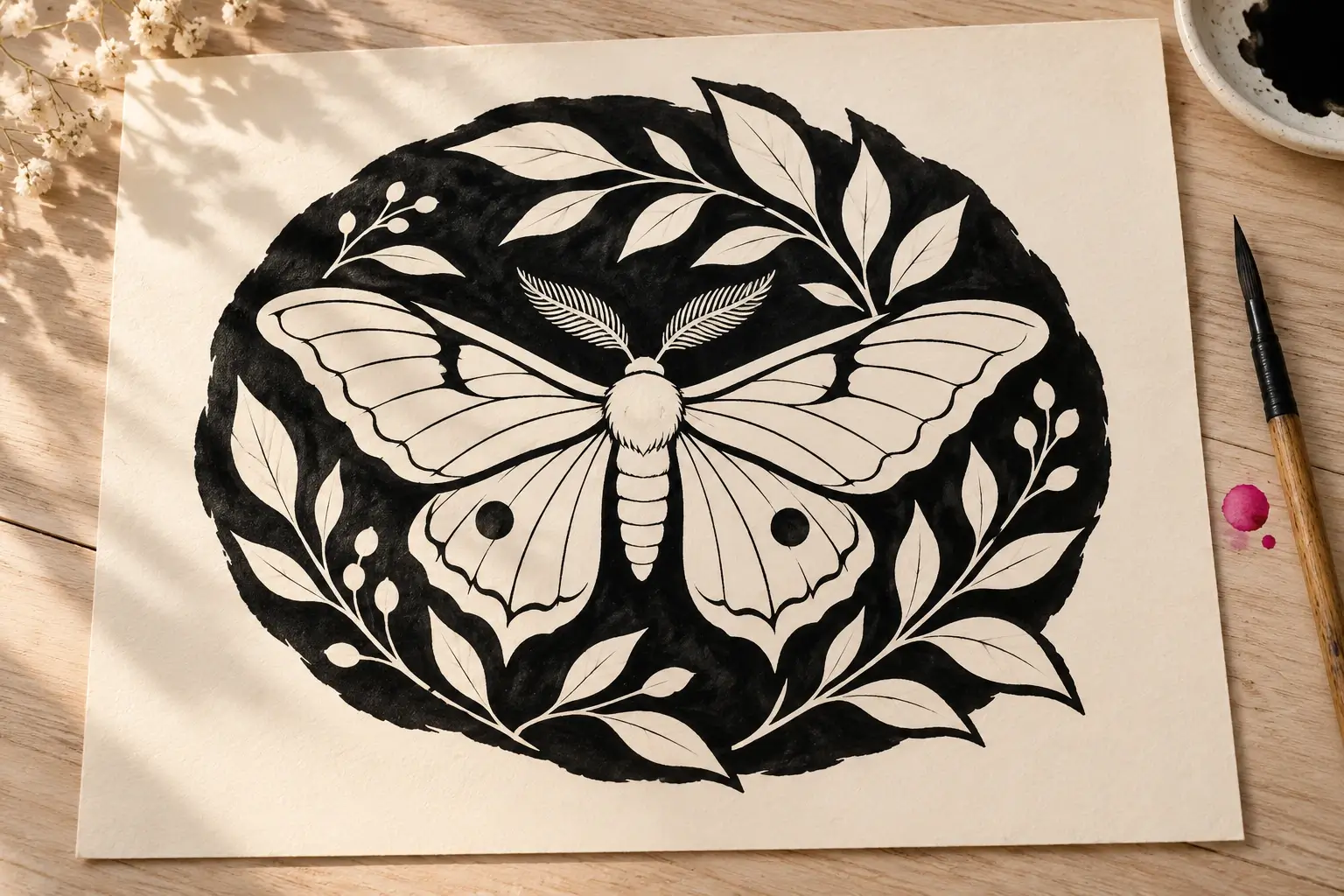 Ein Zeichenblatt mit einer runden schwarzen Fläche, in der ein heller Nachtfalter und Blätterzweige allein durch ausgespartes Papier entstehen; daneben ein Pinsel und ein Tuschenäpfchen.