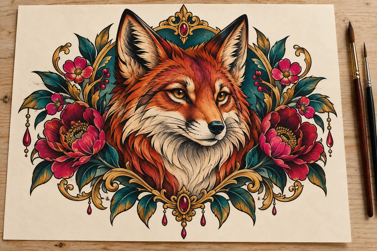 Ein Zeichenblatt mit einem Fuchskopf im Neo-Traditional-Stil mit kräftigen Konturen und satten Farben, umgeben von roten Pfingstrosen, grünen Blättern und einem goldenen Schmuckrahmen mit roten Steinen; daneben zwei Pinsel.
