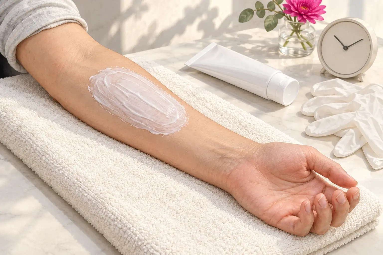 Ein Unterarm auf einem weißen Handtuch mit einer dicken weißen Cremeschicht auf einer kleinen Stelle; daneben eine Tube ohne Aufschrift, ein Wecker und weiße Einmalhandschuhe.