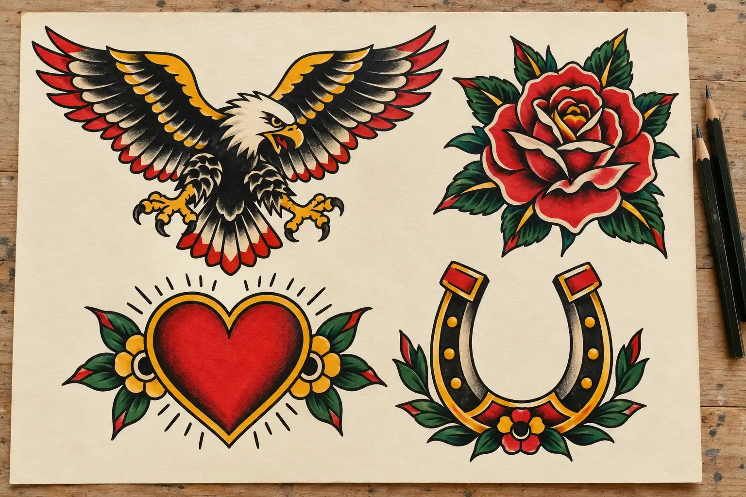 Ein Skizzenblatt im Old-School-Stil mit einem Adler mit ausgebreiteten Flügeln, einer roten Rose, einem roten Herz mit Blüten und einem Hufeisen mit Blumen, mit kräftigen schwarzen Konturen und flächigem Rot, Gelb und Grün; daneben Bleistifte.