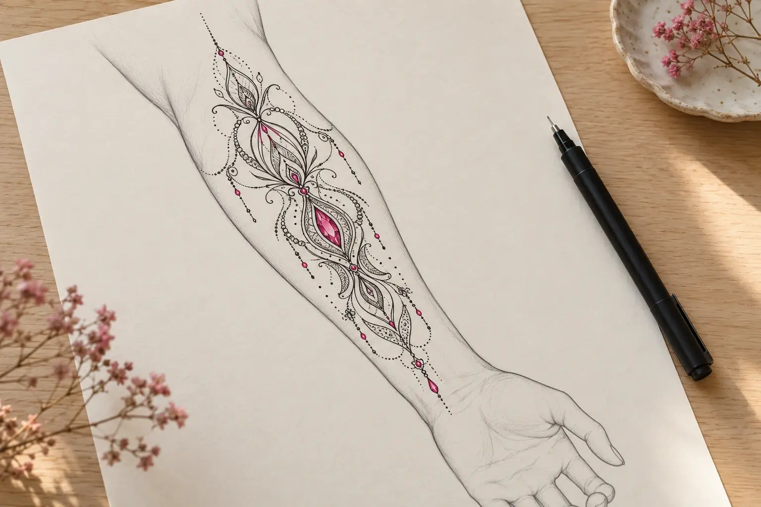 Eine Zeichnung eines Unterarms mit einem symmetrischen, schmuckartigen Muster aus feinen schwarzen Linien und Punkten mit pinken Steinen in der Mitte, das der Armform vom Ellbogen bis zum Handgelenk folgt; daneben ein Fineliner.