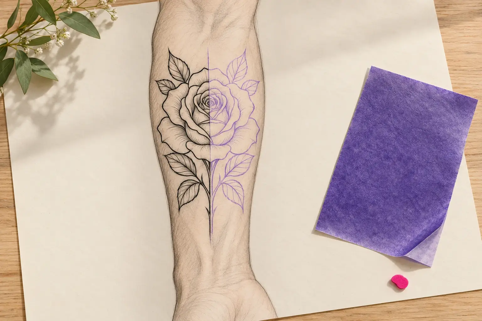 Eine Zeichnung eines Unterarms mit einer Rose: die linke Hälfte mit schwarzen Konturen nachgezogen, die rechte Hälfte noch als violette Schablone; daneben ein Blatt violettes Transferpapier.