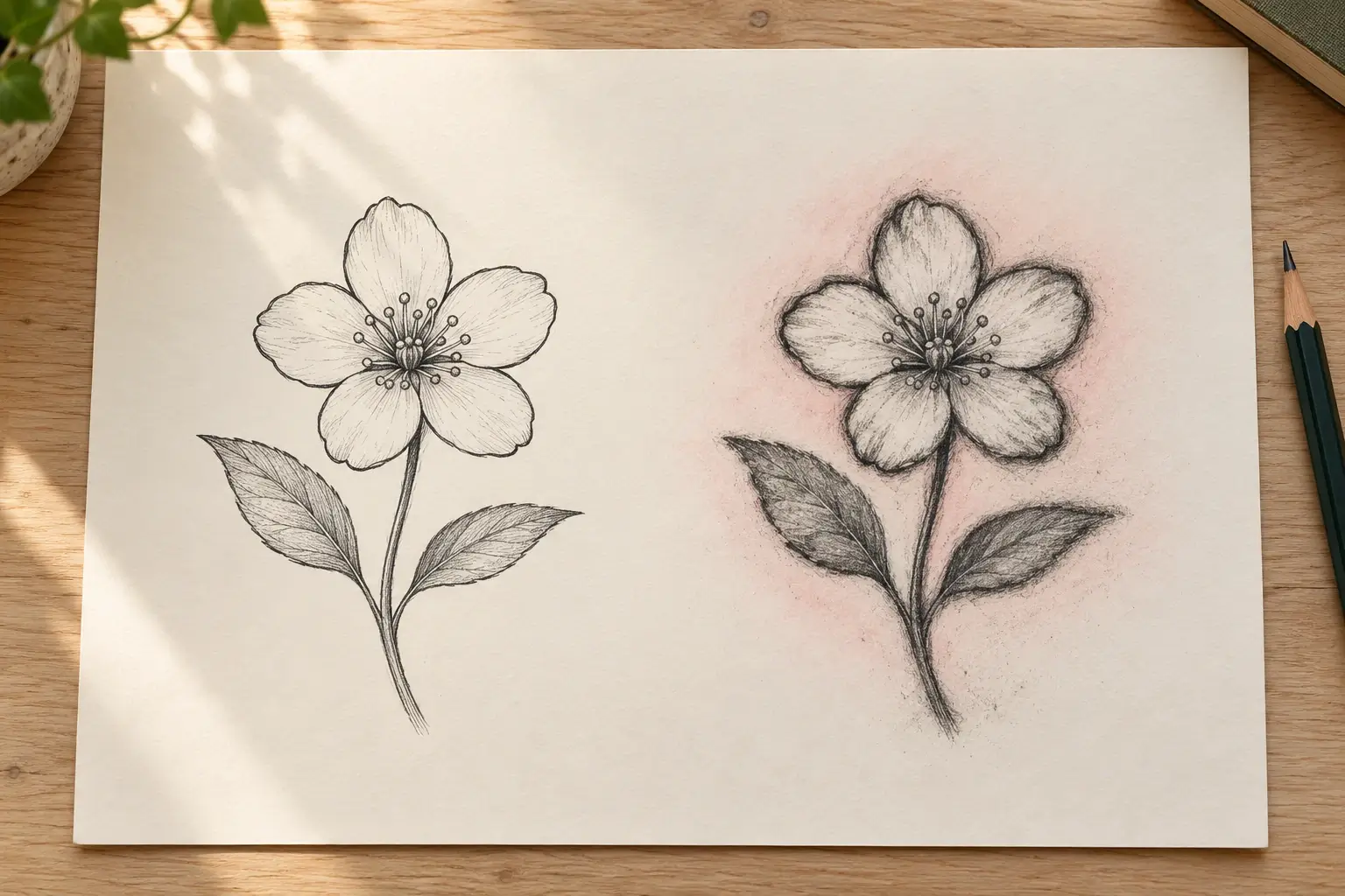 Ein Zeichenblatt mit zwei gleichen Blüten mit Blättern: links mit sauberen, feinen Linien, rechts mit verdickten, verwischten Linien und einem rötlichen Schimmer drumherum; daneben ein Bleistift.