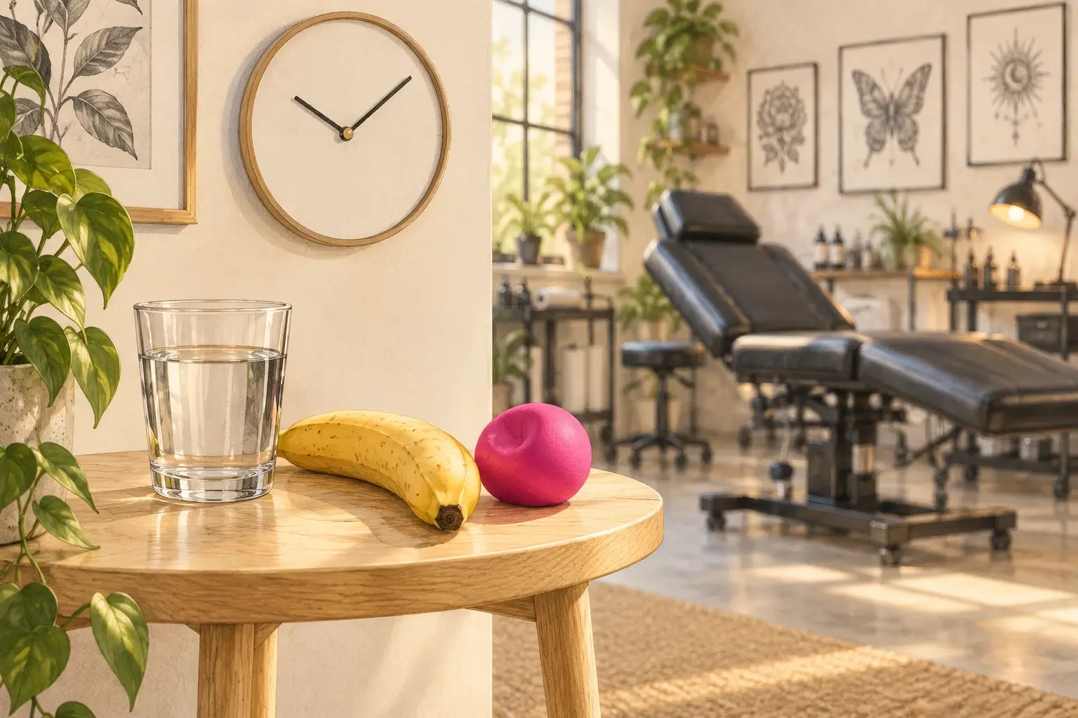 Ein kleiner Holztisch mit einem Glas Wasser, einer Banane und einem pinken Knetball, dahinter eine Wanduhr; im Hintergrund ein helles Tattoo-Studio mit Liege.
