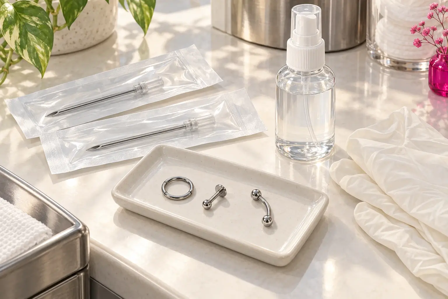 Zwei steril verpackte Einwegnadeln, eine Schale mit Piercing-Schmuck aus Metall (Ring, Stecker, gebogener Stab), eine Sprühflasche mit Kochsalzlösung und Einmalhandschuhe auf einer hellen Arbeitsfläche.