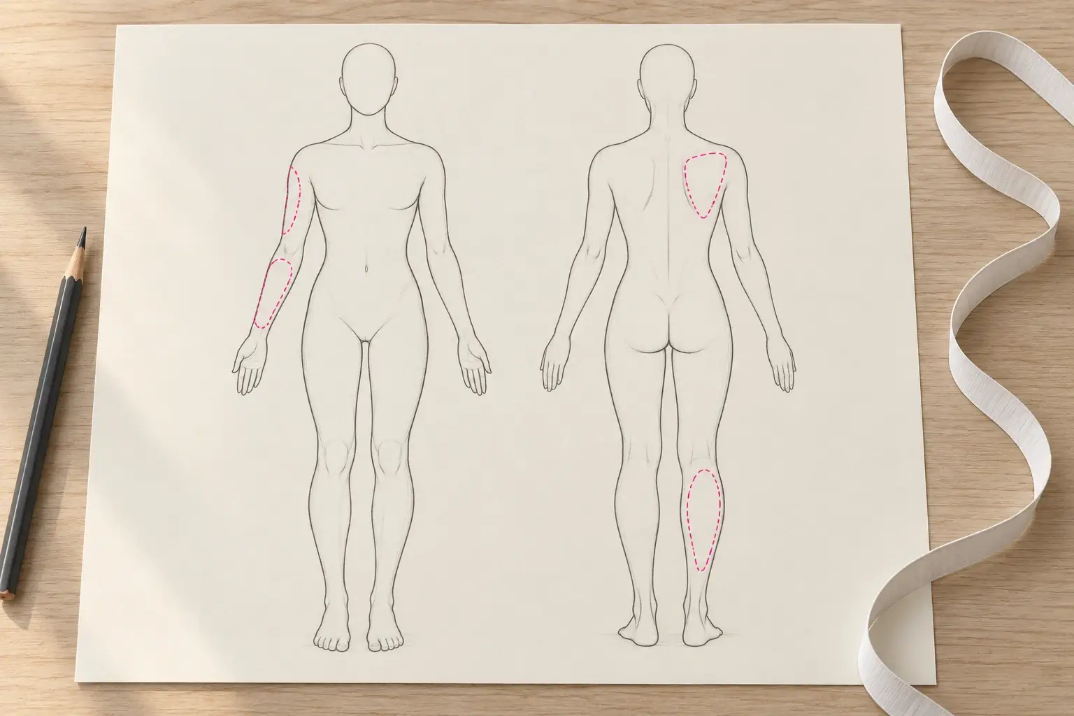 Eine neutrale Körperskizze von vorne und hinten auf Papier, mit gestrichelten pinken Bereichen an Oberarm und Unterarm, am Schulterblatt und an der Wade; daneben ein Bleistift und ein Maßband.
