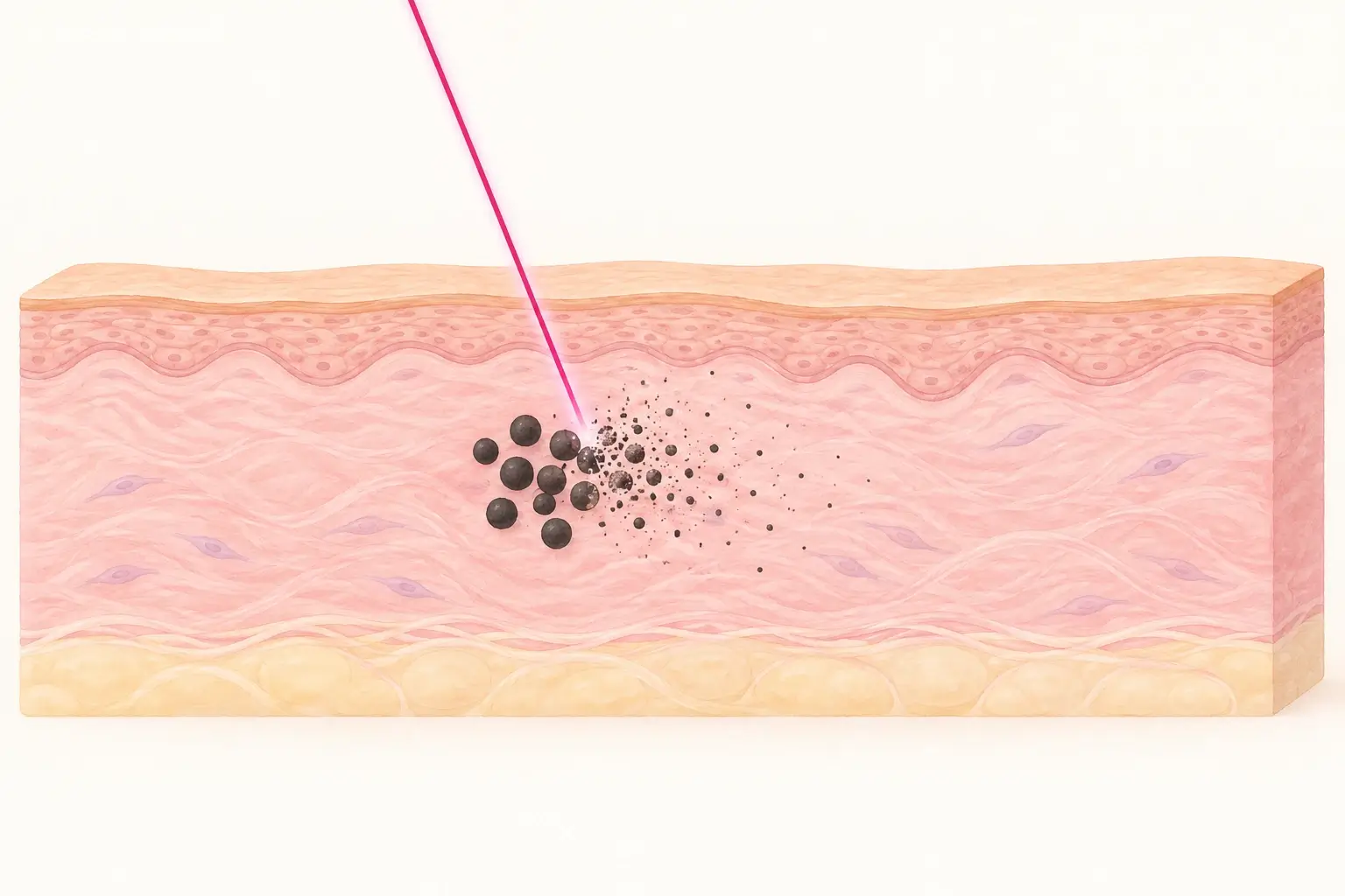 Schematische Illustration eines Hautquerschnitts mit mehreren Schichten: Ein schmaler pinker Lichtstrahl trifft schräg von oben eine Gruppe dunkler Farbpartikel, die in viele kleine Teile zerfallen.