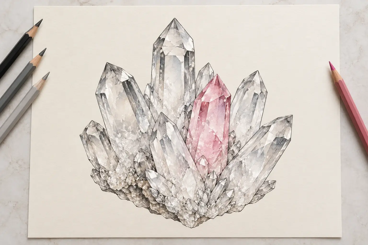 Tattoo-Entwurf auf hellem Papier: eine Gruppe klarer Quarzkristalle mit scharfen Facetten und einer rosa Kristallspitze in der Mitte, daneben graue Stifte und ein pinker Buntstift.