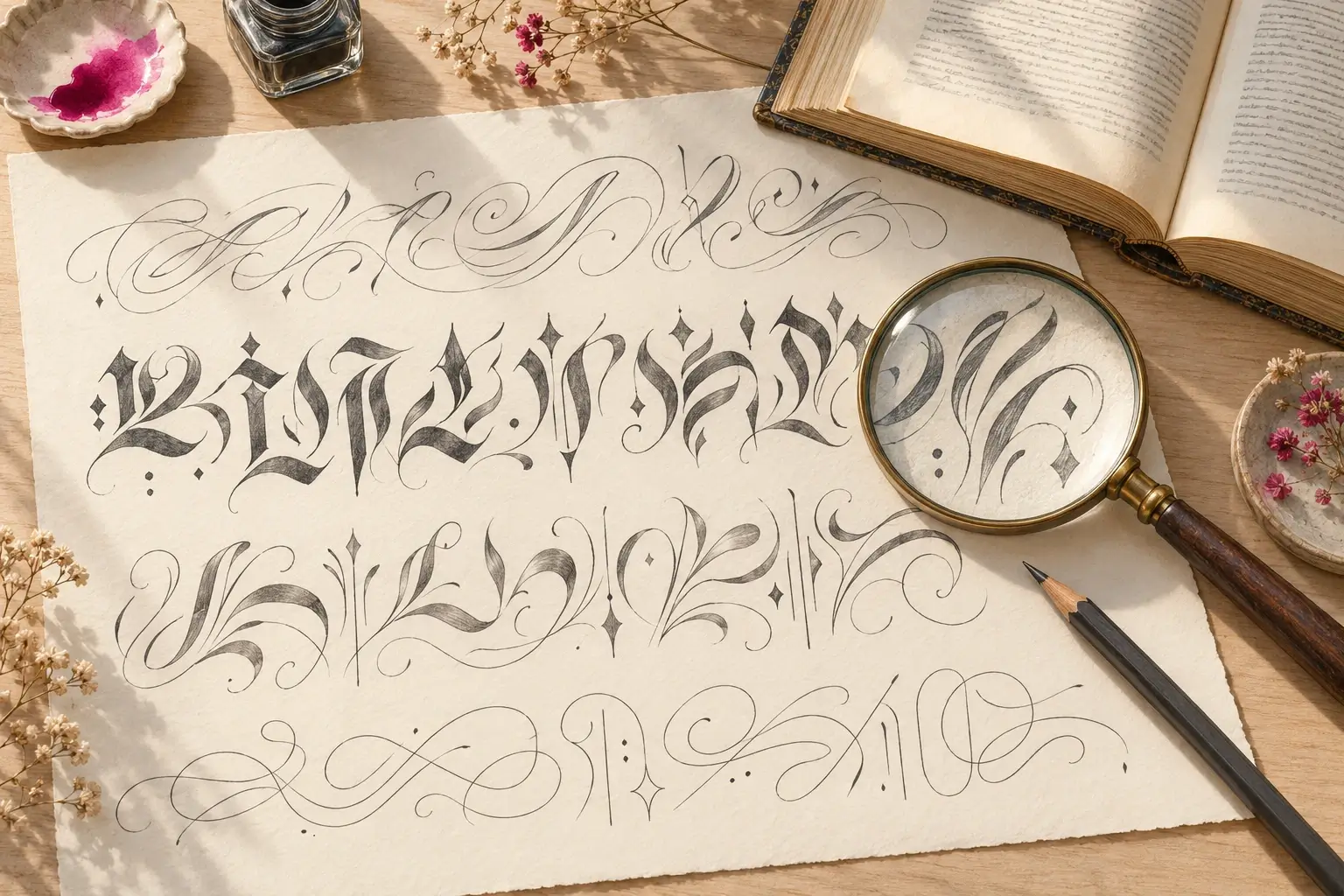 Ein Holztisch mit einem Blatt voller verzierter Schriftentwürfe in gebrochener und geschwungener Schrift, darauf eine Lupe und ein Bleistift, daneben ein aufgeschlagenes Buch, ein Tintenglas und Trockenblumen.