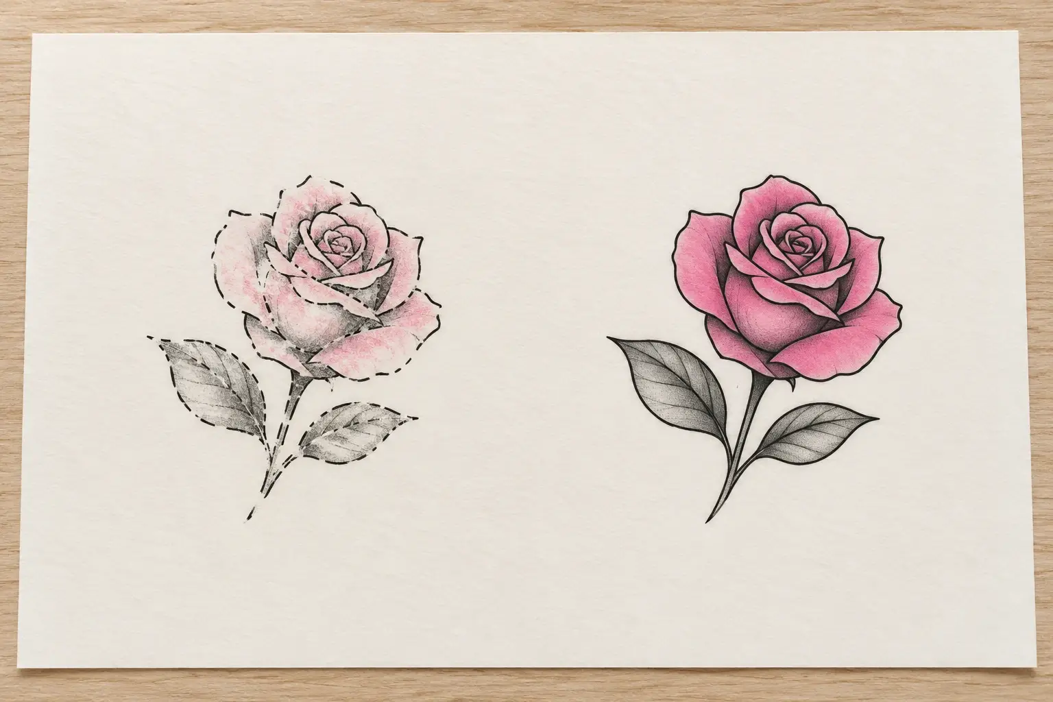 Zwei gleiche Rosen-Skizzen nebeneinander auf hellem Papier: links mit unterbrochenen Linien und blasser, fleckiger Farbe, rechts mit durchgehenden Linien und gleichmäßigem Pink.