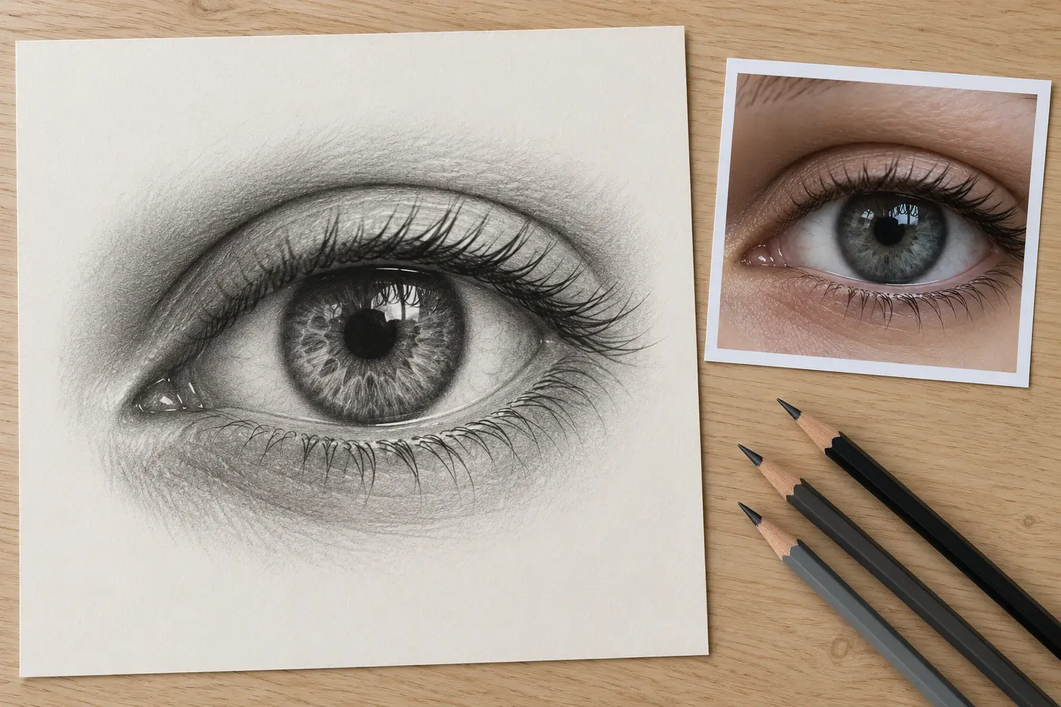 Eine fein schattierte Zeichnung eines Auges in Schwarz-Grau auf hellem Papier, daneben ein Farbfoto eines Auges als Vorlage und drei Bleistifte auf einem Holztisch.