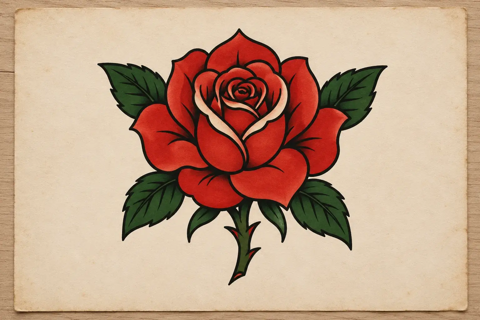 Eine Tattoo-Vorlage im klassischen Stil auf leicht vergilbtem Papier: eine rote Rose mit kräftigen schwarzen Konturen, grünen Blättern und einem Stiel mit Dornen.