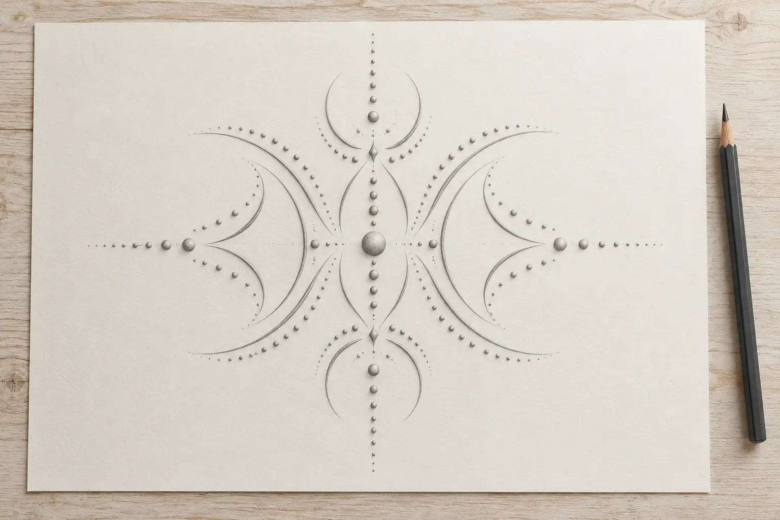 Ein symmetrisches Ornament auf hellem Papier aus kleinen erhabenen Punkten und geschwungenen Bögen, plastisch schattiert wie ein Relief, daneben ein Bleistift.