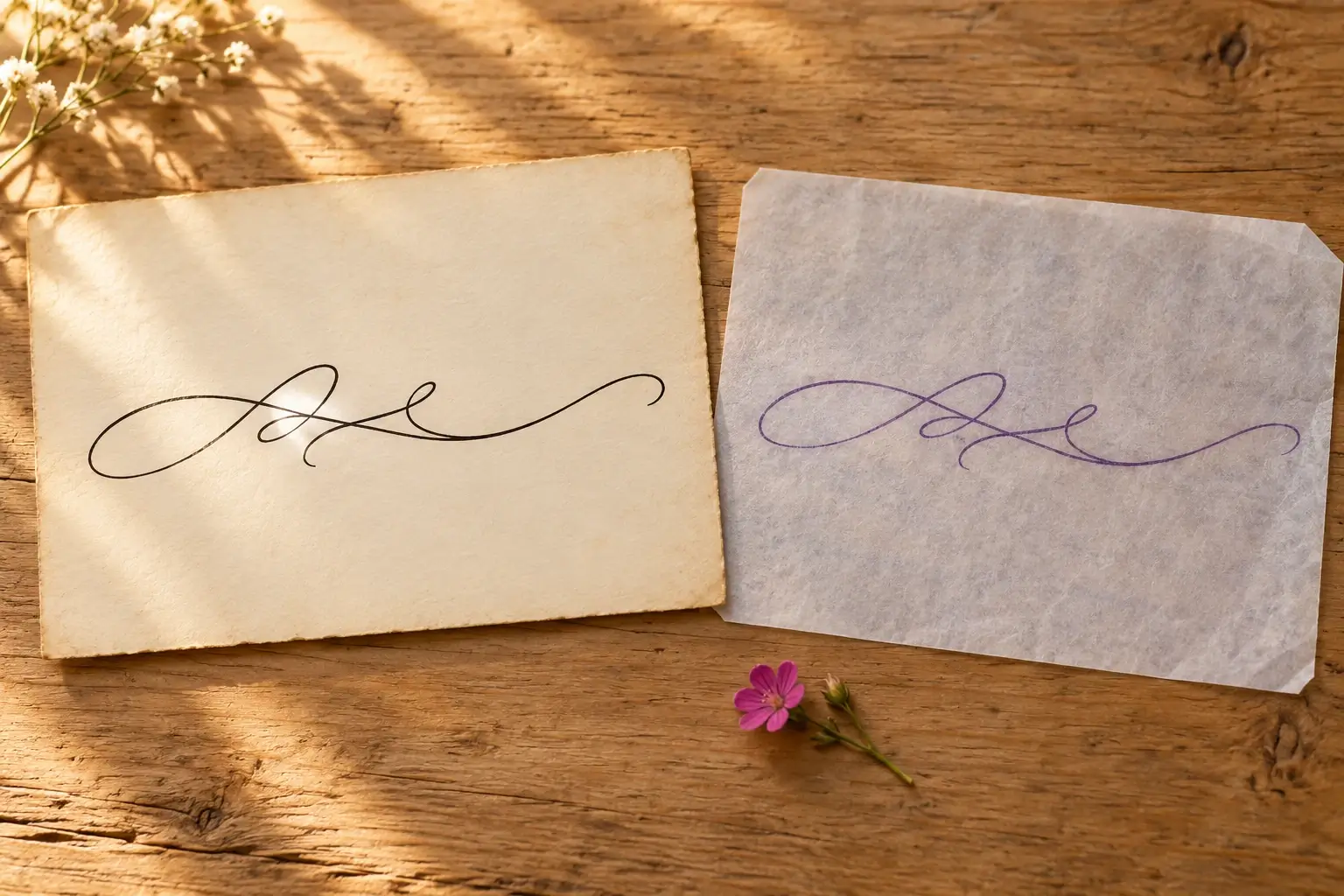 Eine alte Karte mit einer geschwungenen, unleserlichen Schriftzeile, daneben Transferpapier mit derselben Zeile in Lila und eine kleine pinke Blüte auf einem Holztisch.