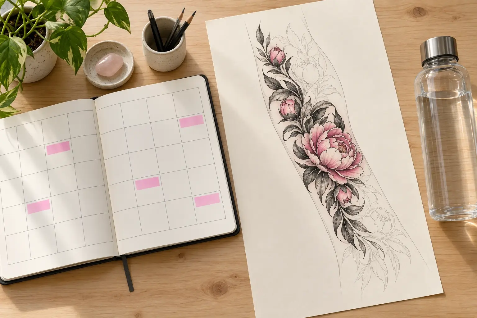 Ein aufgeschlagener Kalender mit mehreren pink markierten Feldern, daneben ein länglicher Entwurf mit Pfingstrosen, oben farbig ausgearbeitet und unten nur skizziert, und eine Wasserflasche.