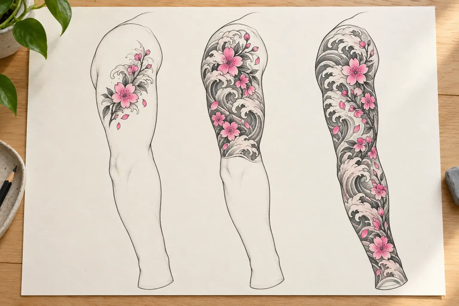 Drei Arm-Silhouetten nebeneinander auf hellem Papier mit Entwürfen aus Wellen und pinken Blüten in unterschiedlicher Länge: am Oberarm, bis zum Ellenbogen und bis zum Handgelenk.