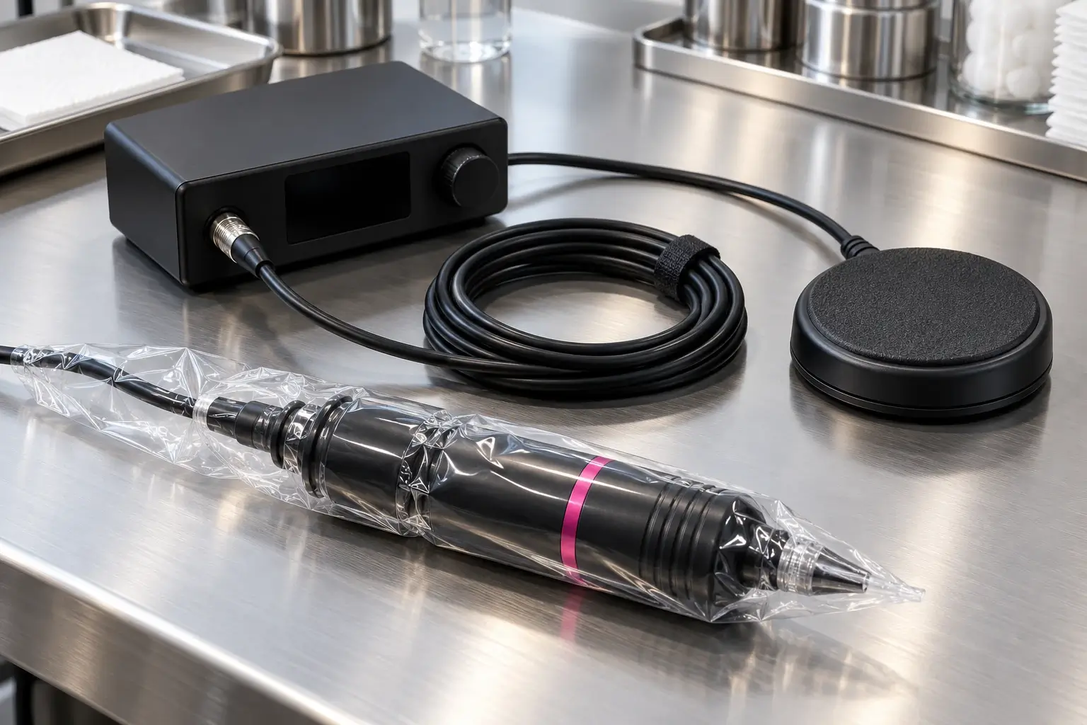 Auf einer Edelstahlfläche liegt eine schwarze Tattoo-Maschine im Stiftformat mit pinkem Ring in einer durchsichtigen Schutzhülle, dahinter ein Netzteil mit Display und Drehregler, ein rundes Fußpedal und ein aufgerolltes Kabel.