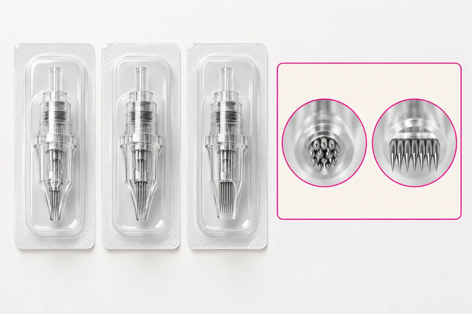 Drei steril verpackte Nadelmodule auf einer hellen Fläche, daneben in einem pink umrandeten Feld zwei vergrößerte Nadelspitzen: eine runde und eine flache Anordnung.