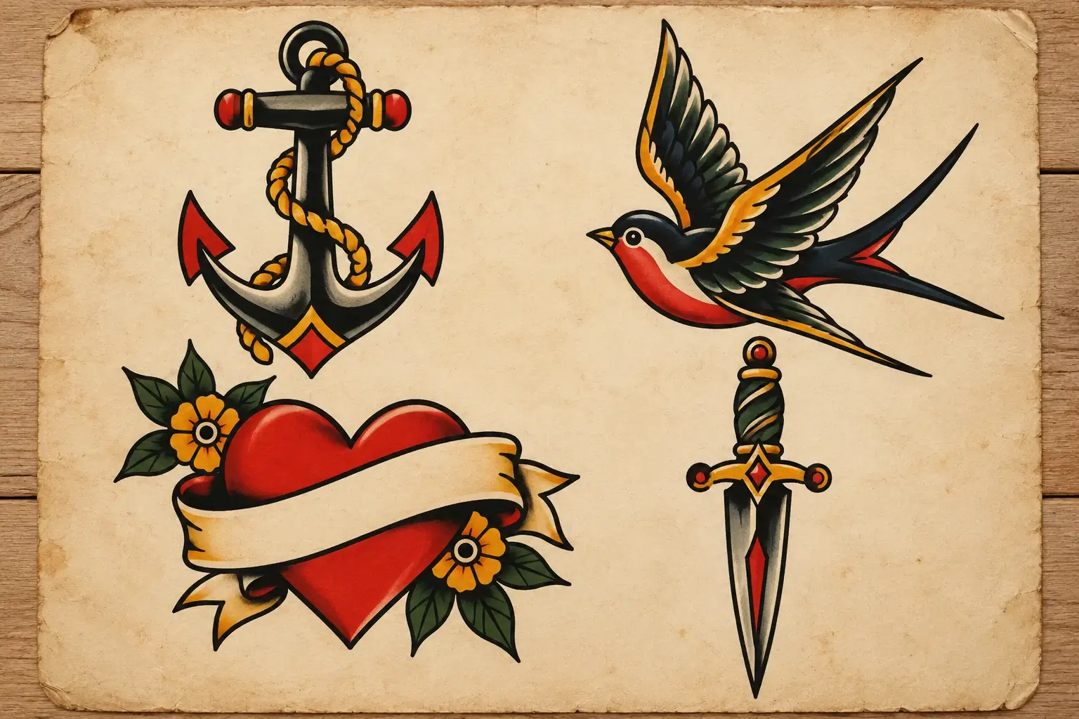 Ein vergilbter Flash-Bogen mit klassischen Tattoo-Motiven mit kräftigen schwarzen Konturen: ein Anker, eine Schwalbe, ein Herz mit leerem Banner und Blüten sowie ein Dolch in Rot, Grün und Gelb.