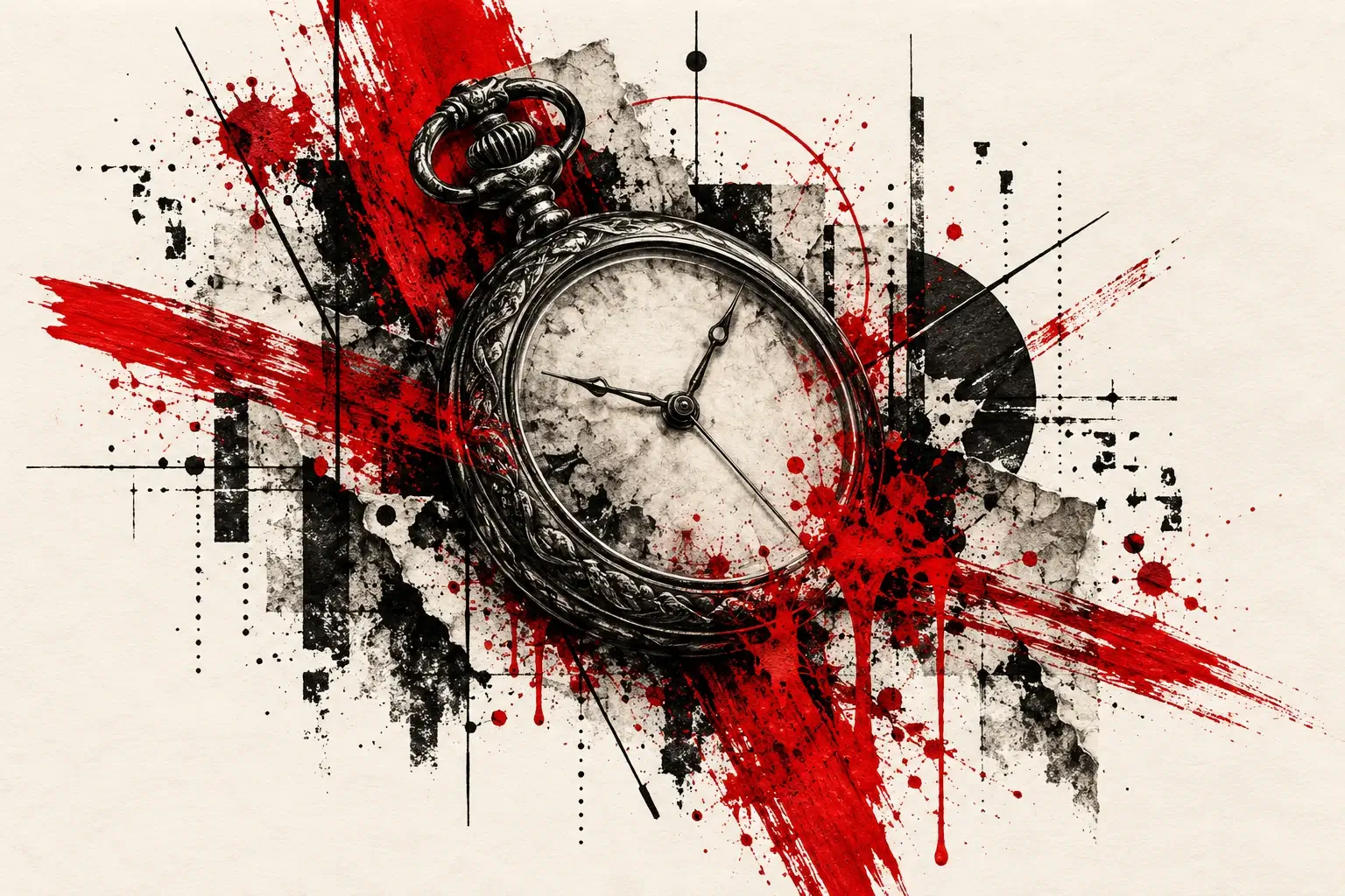 Ein Collage-Entwurf auf hellem Papier in Schwarz und Rot: eine realistisch gezeichnete Taschenuhr, kräftige rote Pinselstriche, Farbspritzer und schwarze grafische Linien und Flächen.