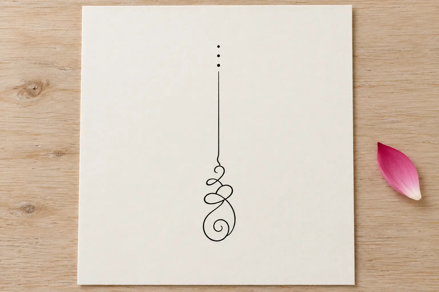 Ein feines, senkrechtes Linienmotiv auf hellem Papier: unten Spiralen und Schleifen, die nach oben in eine gerade Linie mit drei kleinen Punkten übergehen, daneben ein pinkes Blütenblatt.