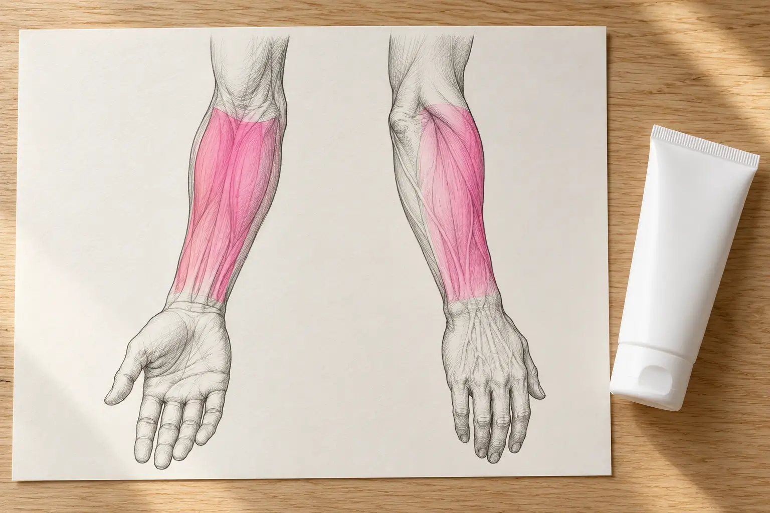 Zwei neutrale Arm-Skizzen auf hellem Papier, Unterarm von innen und von außen, jeweils mit einer pink markierten Fläche, daneben eine Tube Sonnencreme.