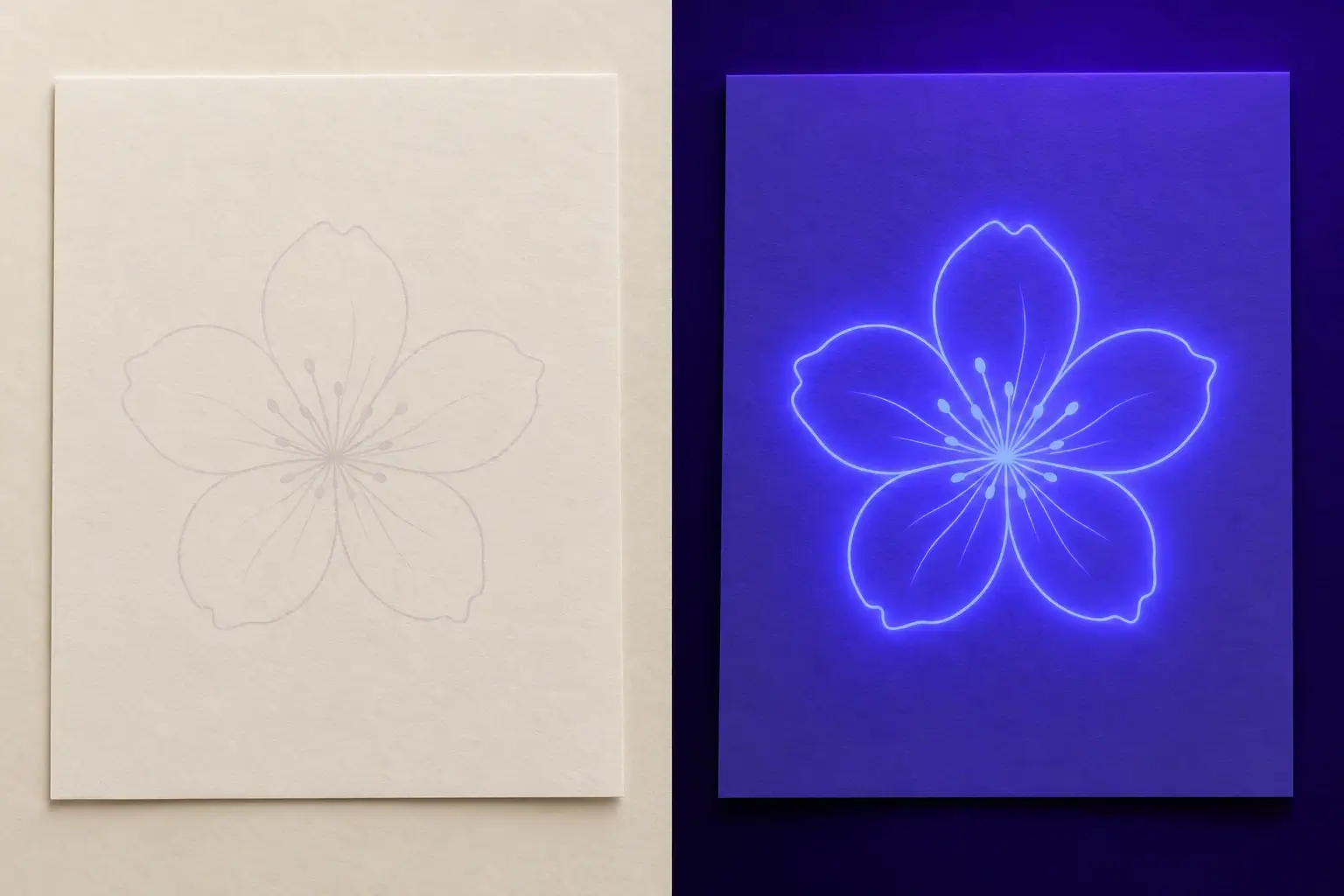 Ein geteiltes Bild eines Blumenmotivs auf Papier: links bei Tageslicht nur als blasse Linien zu erahnen, rechts unter violettem Schwarzlicht hell leuchtend.