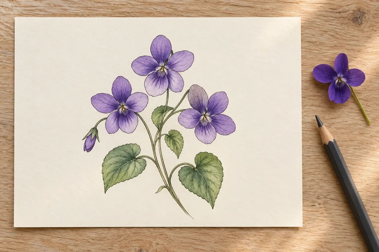 Ein Tattoo-Entwurf auf hellem Papier: drei violette Veilchenblüten mit herzförmigen grünen Blättern und feinen schwarzen Konturen, daneben eine echte Veilchenblüte und ein Bleistift.