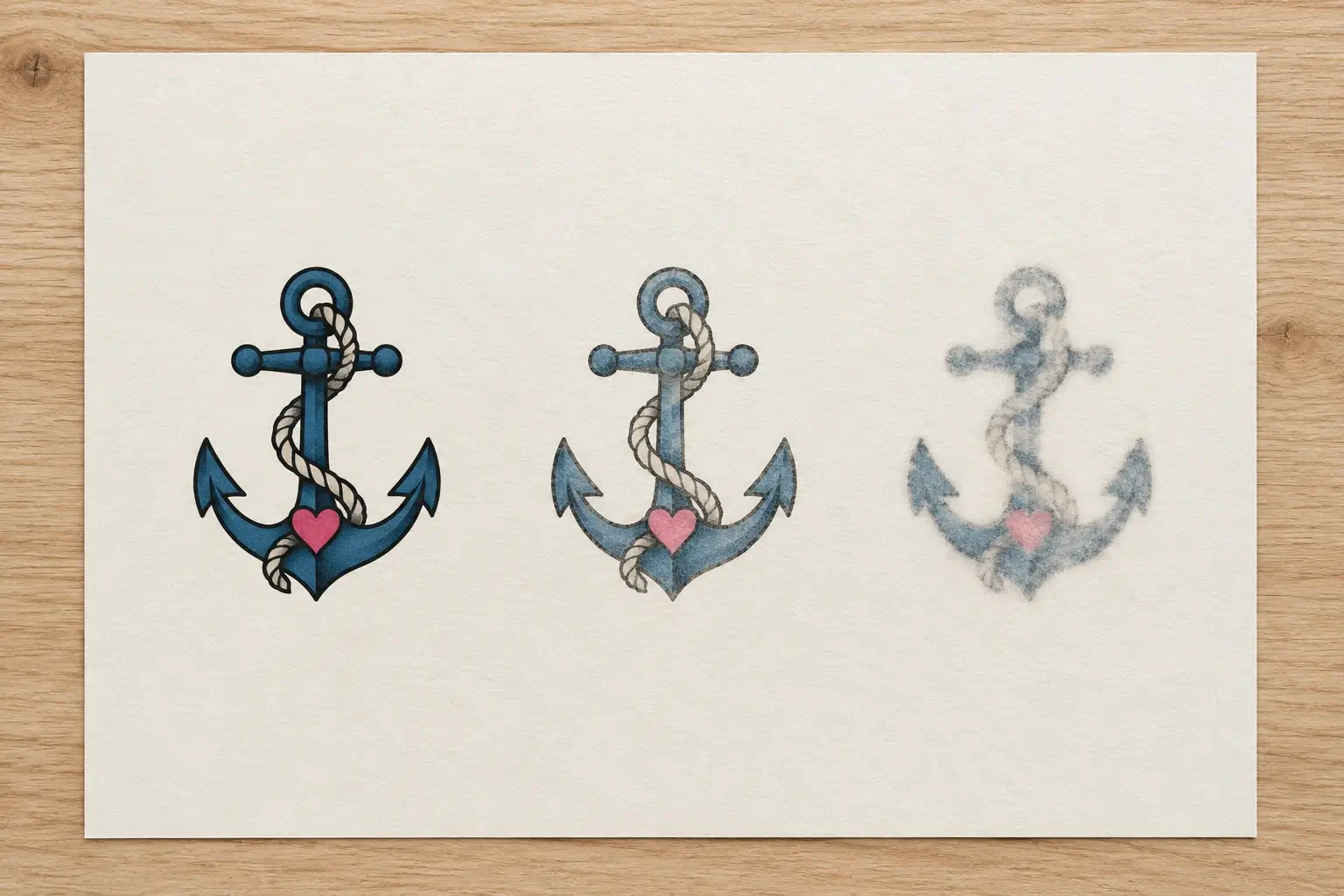 Ein blauer Anker mit Seil und kleinem pinkem Herz dreimal nebeneinander auf hellem Papier: links kräftig und scharf, in der Mitte etwas heller, rechts blass und weich.