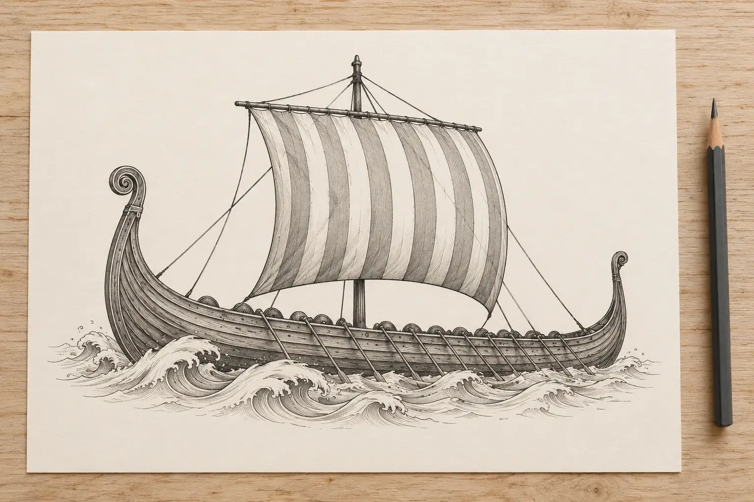 Eine Linienzeichnung auf hellem Papier: ein Langschiff mit geschwungenem Bug und gestreiftem Segel auf stilisierten Wellen, daneben ein Bleistift.
