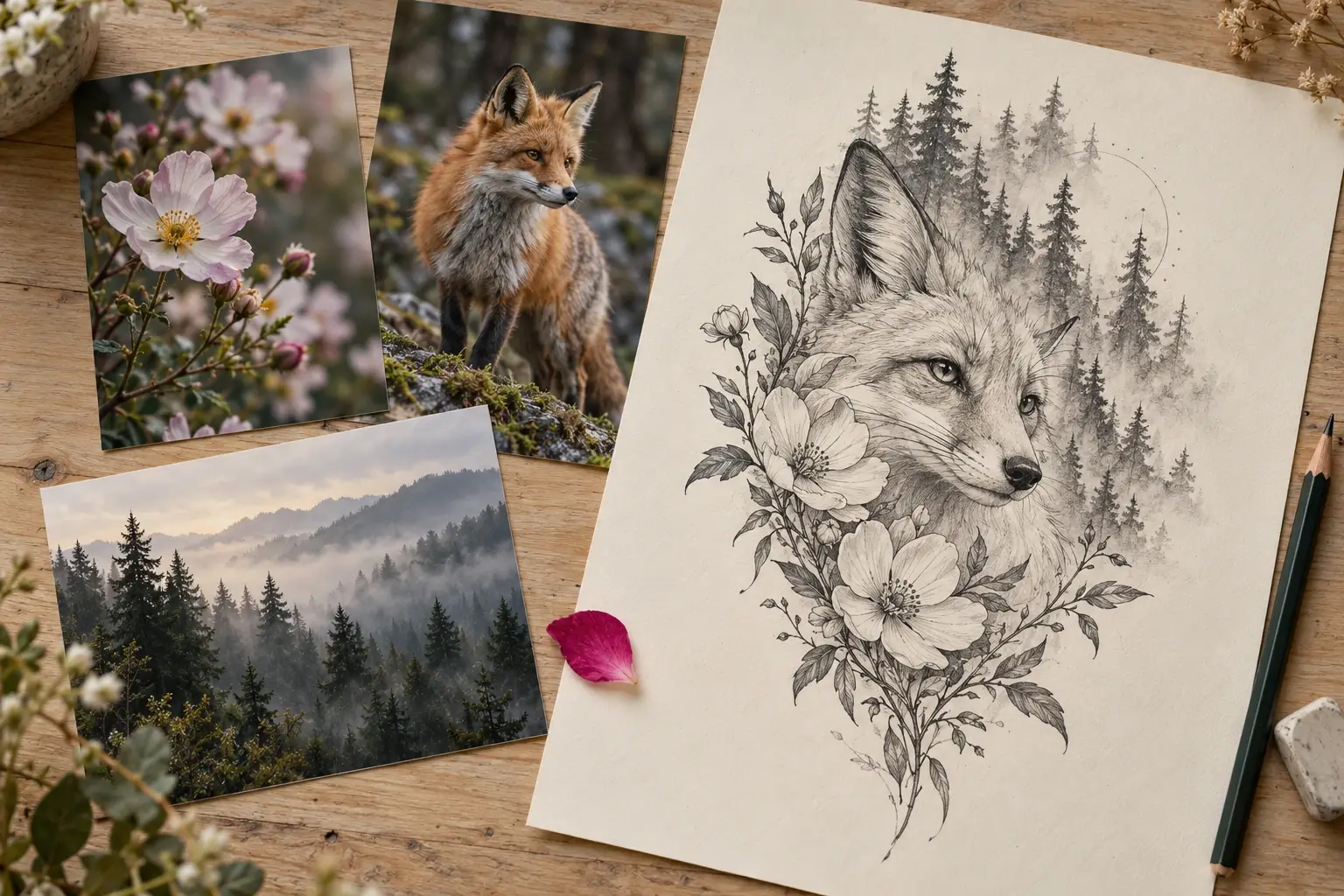 Ausgedruckte Fotos von pinken Blumen, einem Fuchs und einem nebligen Wald, daneben eine Bleistiftskizze, die Fuchskopf, Blumen und Bäume zu einem neuen Motiv verbindet.