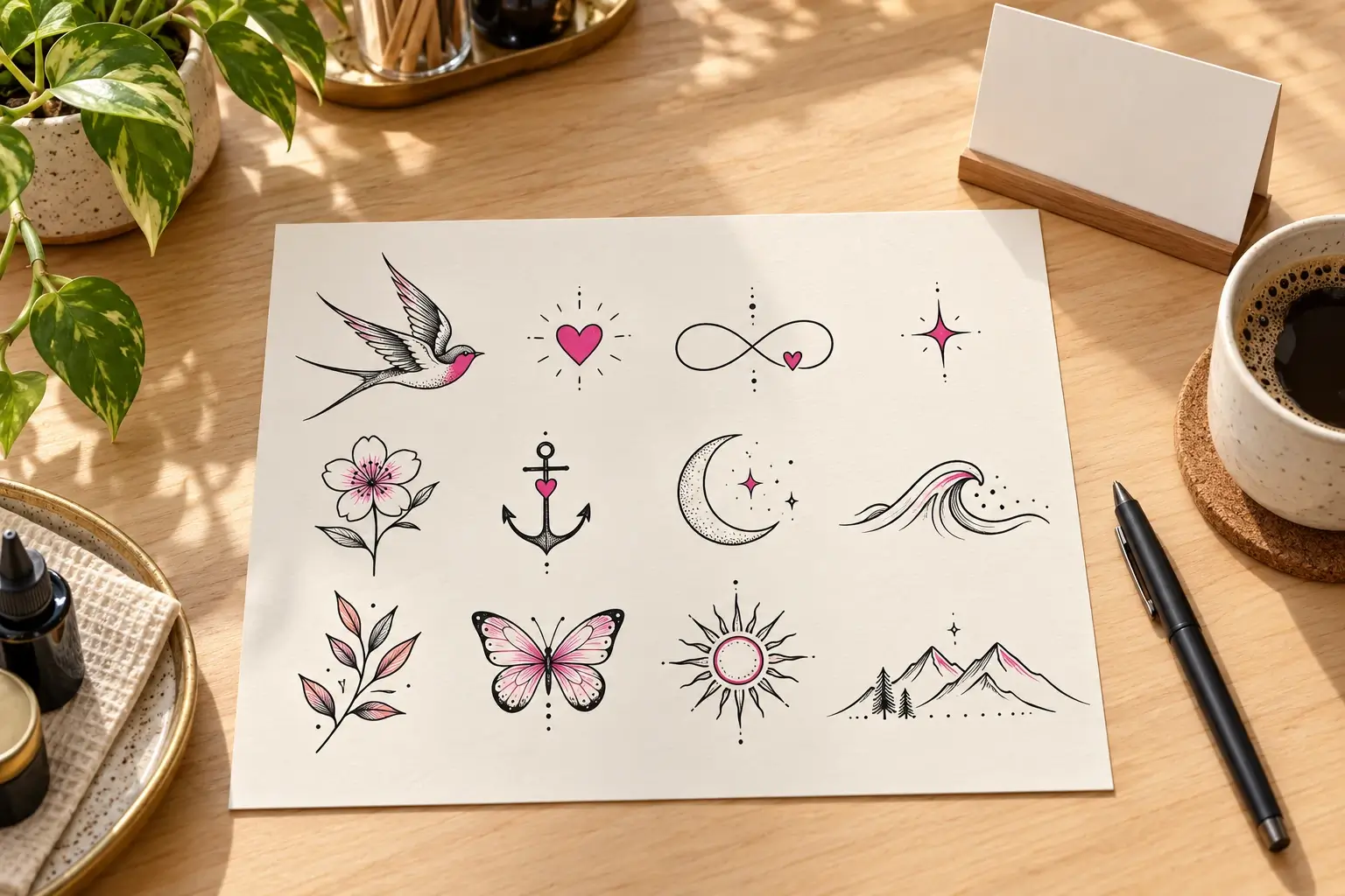 Ein Flash-Blatt mit zwölf kleinen Motiven wie Schwalbe, Herz, Anker, Mond und Schmetterling auf einem hellen Holztresen, daneben ein Stift, eine Tasse Kaffee und ein leeres Aufstellschild.