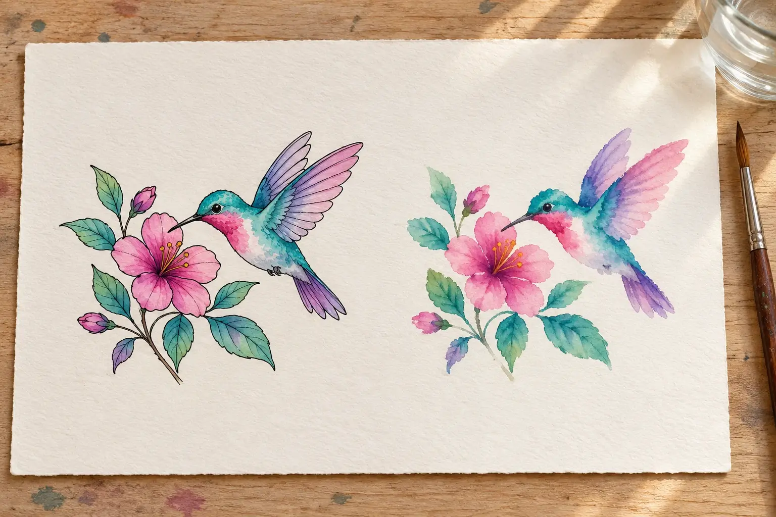 Zwei Aquarell-Skizzen eines Kolibris an einer pinken Blüte nebeneinander auf hellem Papier: links mit feinen Konturen, rechts ohne Konturen nur aus weichen Farbflächen.
