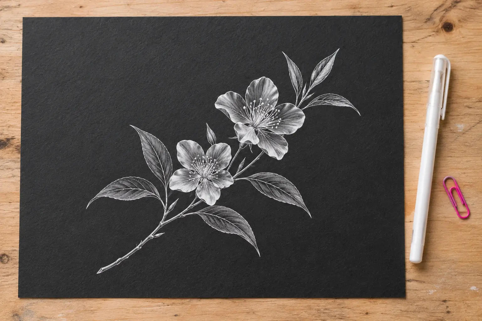 Ein feiner Blütenzweig mit zwei Blüten und Blättern in weißer Farbe auf schwarzem Papier, daneben ein weißer Stift und eine pinke Büroklammer.