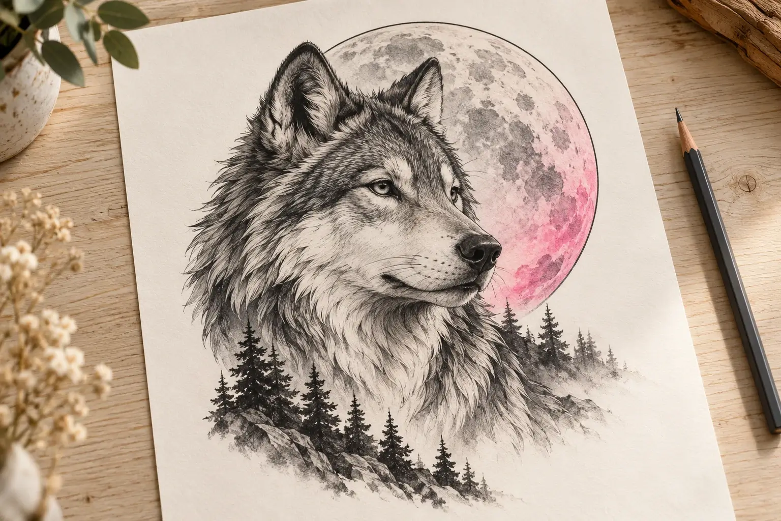 Ein Tattoo-Entwurf auf hellem Papier: ein Wolfskopf in Schwarz und Grau vor einem großen, rosa schimmernden Mond, darunter Tannen, daneben ein Bleistift.