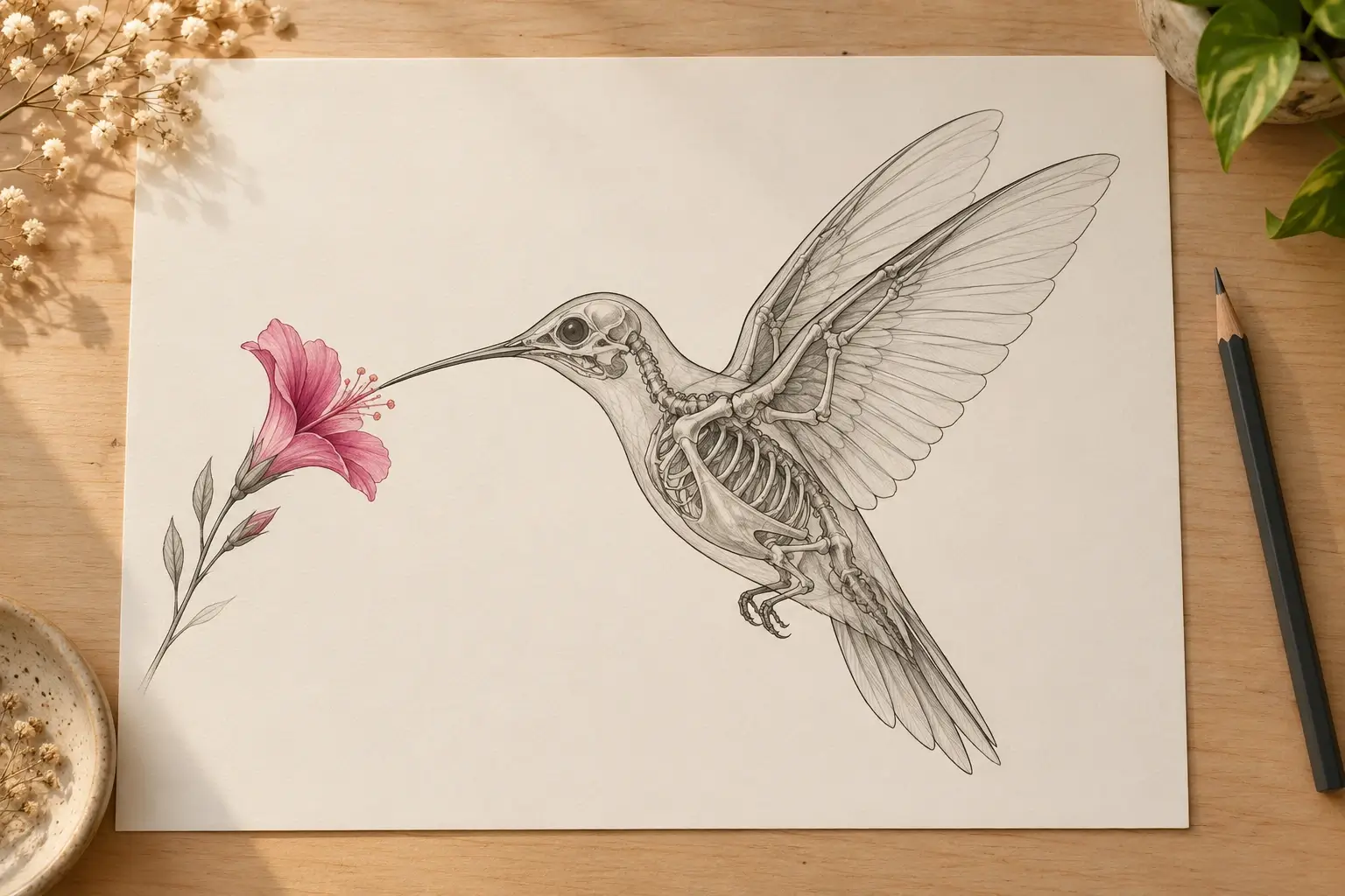 Ein Tattoo-Entwurf auf hellem Papier: ein Kolibri im Röntgen-Look, durch dessen fein gezeichneten Körper das Skelett sichtbar ist, vor einer pinken Blüte.