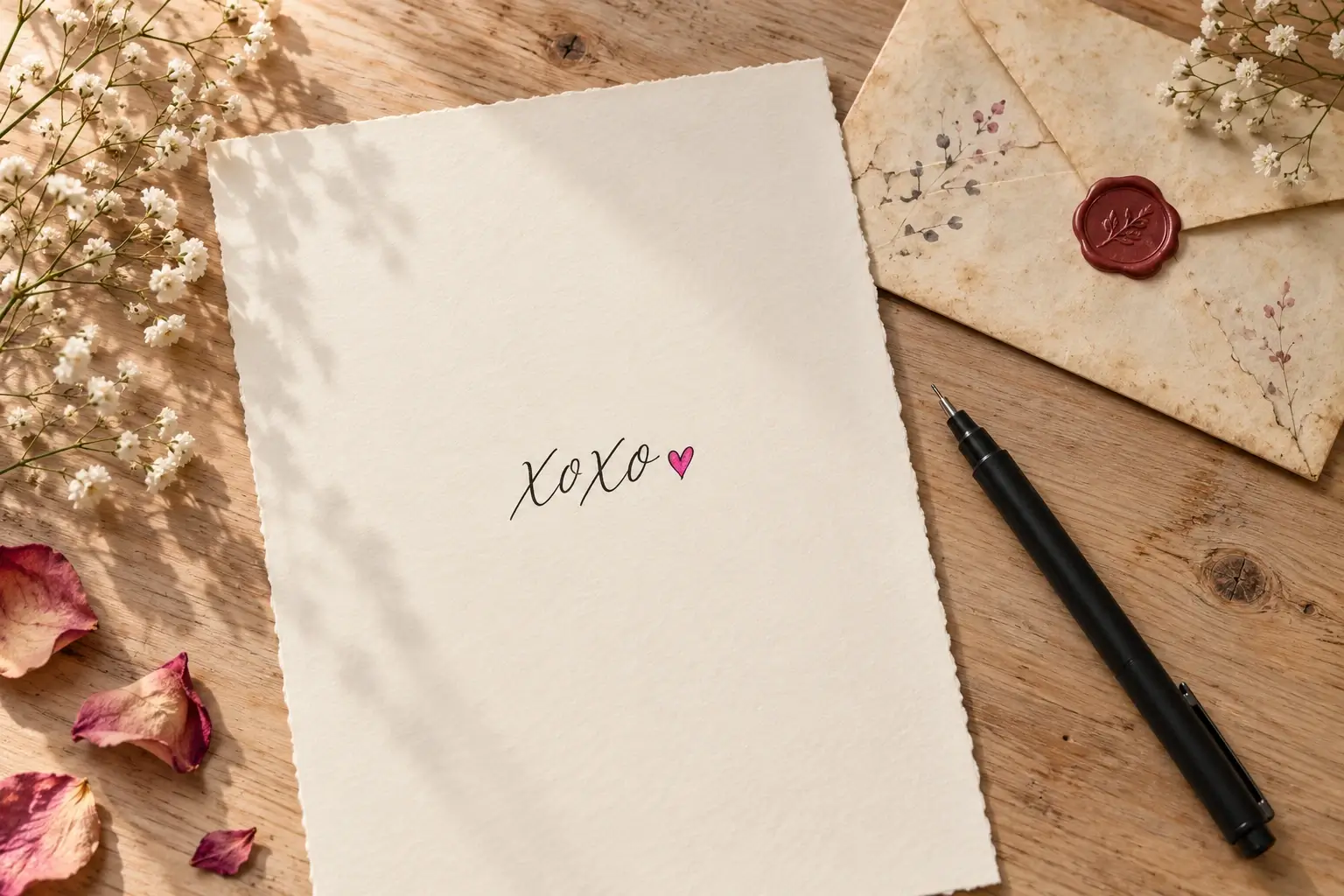 Ein Blatt Papier mit dem Schriftzug XOXO in feiner Handschrift und einem kleinen pinken Herz, daneben ein Briefumschlag mit Siegel, getrocknete Rosenblätter und ein schwarzer Stift.