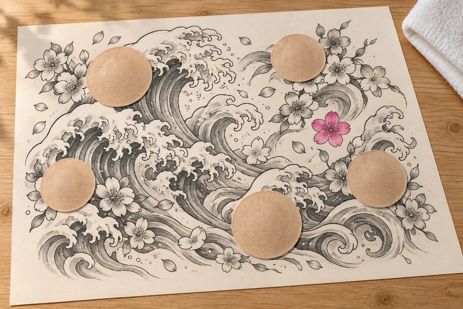 Ein Tattoo-Entwurf im japanischen Stil mit Wellen und Kirschblüten auf hellem Papier, teils mit runden hautfarbenen Pflastern abgedeckt, eine Blüte in Pink, daneben ein weißes Handtuch.