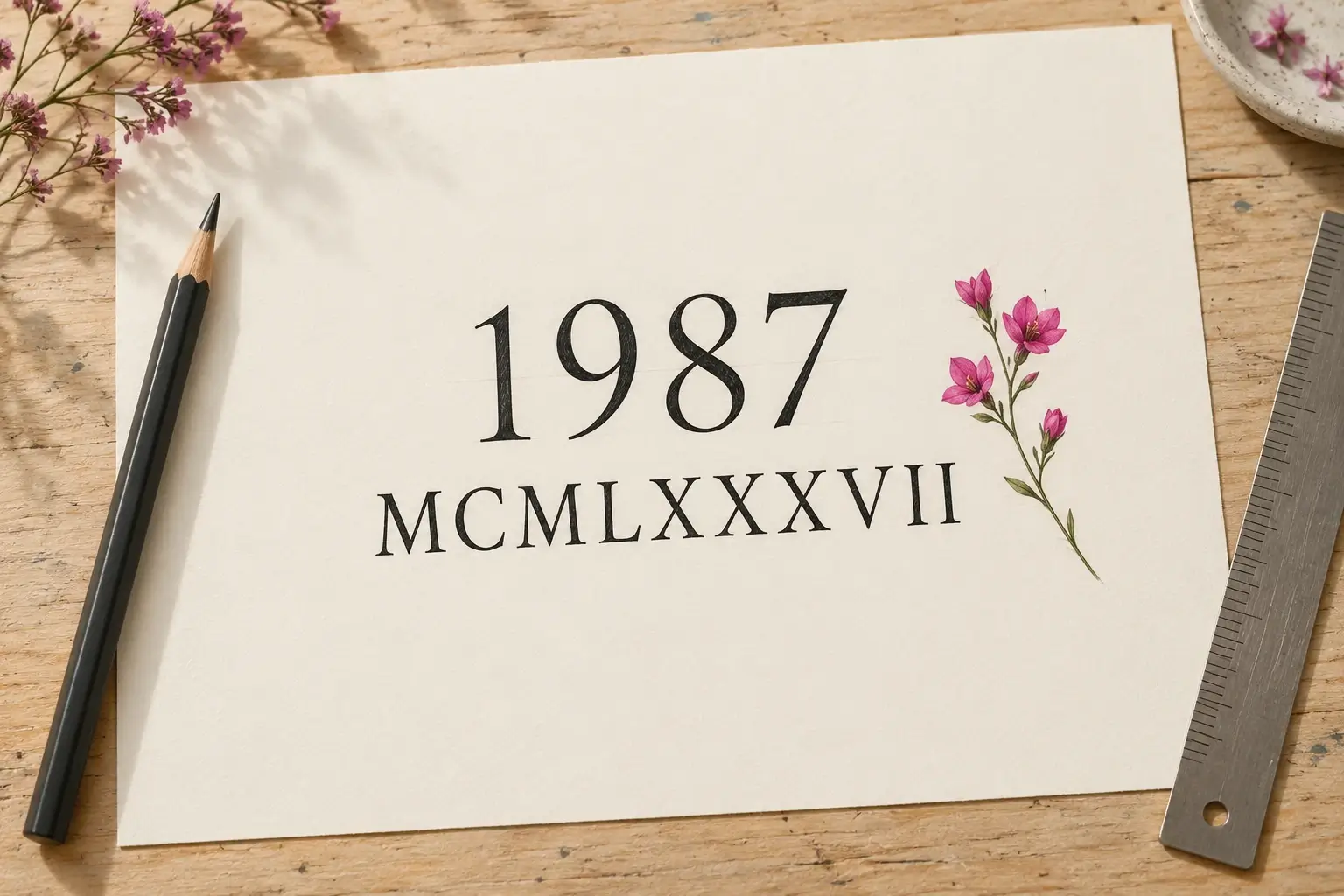 Ein Tattoo-Entwurf auf hellem Papier: die Jahreszahl 1987 und darunter dieselbe Zahl in römischen Ziffern, MCMLXXXVII, daneben pinke Blüten, ein Bleistift und ein Lineal.